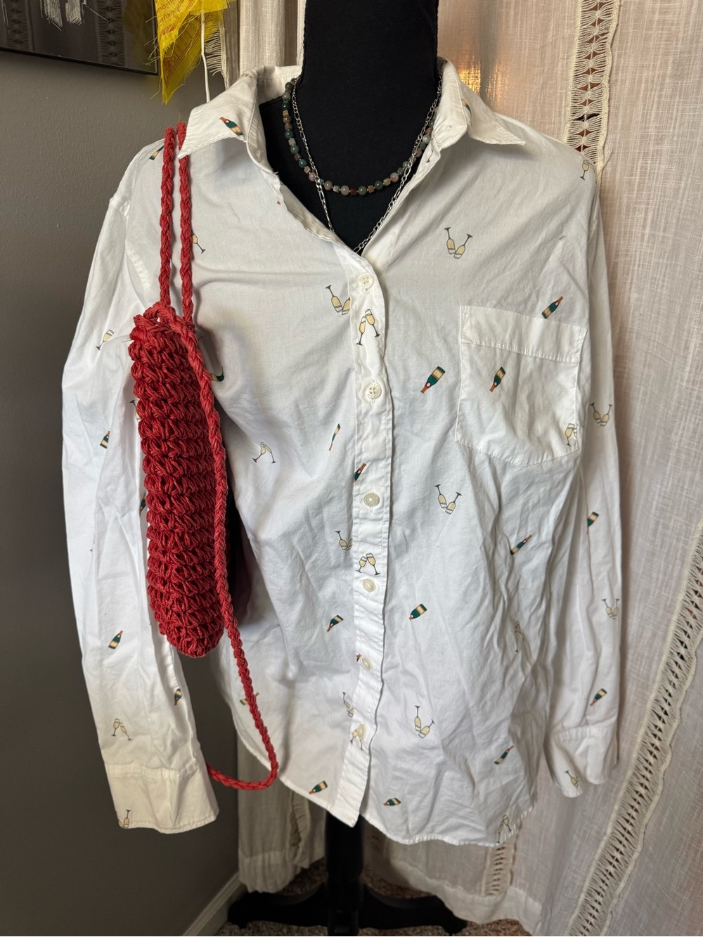 J. Crew White Button-Down Shirt with Tiny Champagne Bottle & Glasses Patterned